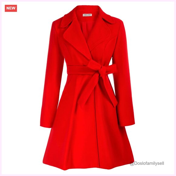 A-Line Peacoat Dress Belted Notch Lapel Wool-Like Trench Coat Elegant  Classic